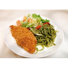 Spaghetti Al Pesto with Crispy Fish